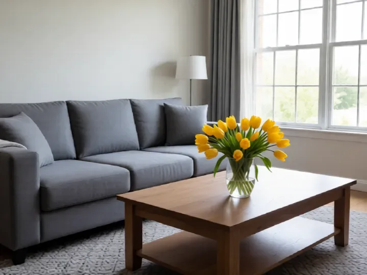 After: the same living room with a vase of yellow tulips added on the coffee table by FastImg