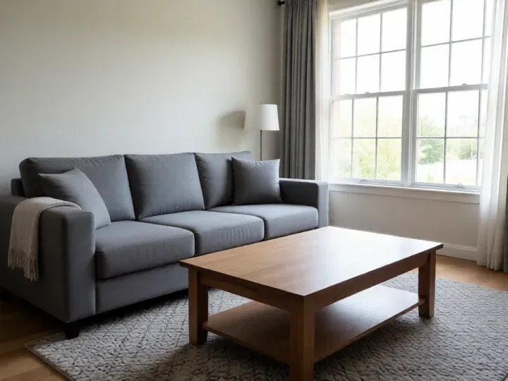 Before: living room with a grey sofa and an empty wooden coffee table