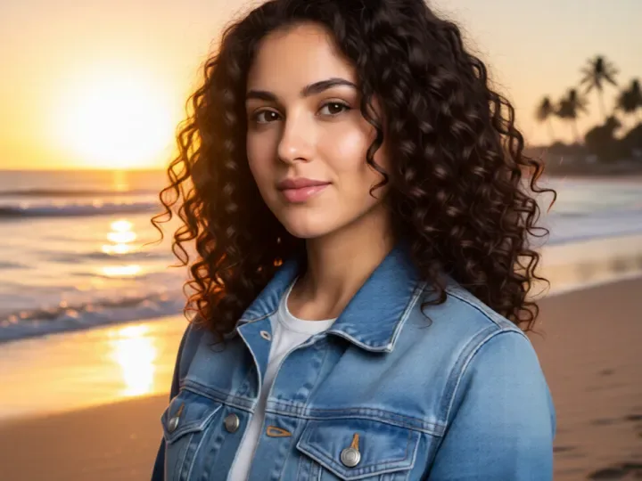After: the same portrait with the background changed by FastImg to a sunny beach at golden hour
