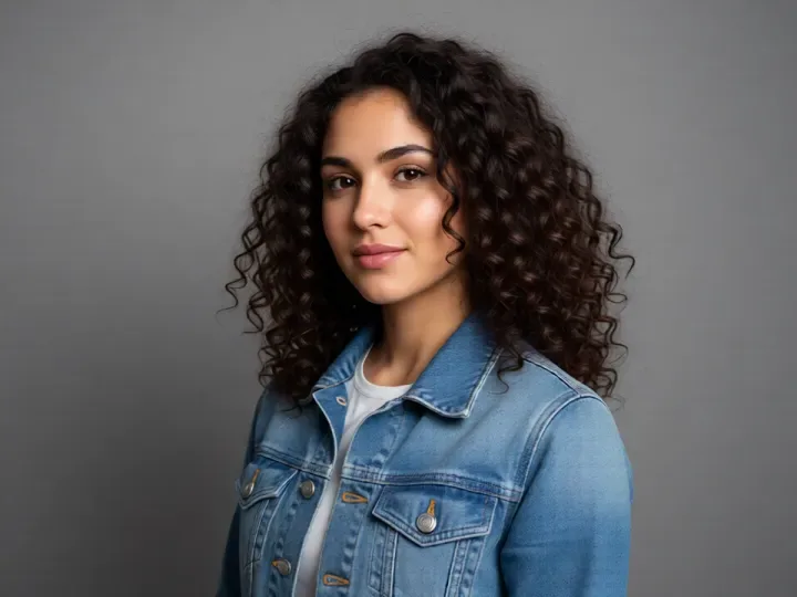 Before: portrait of a woman in a denim jacket in front of a plain grey studio wall