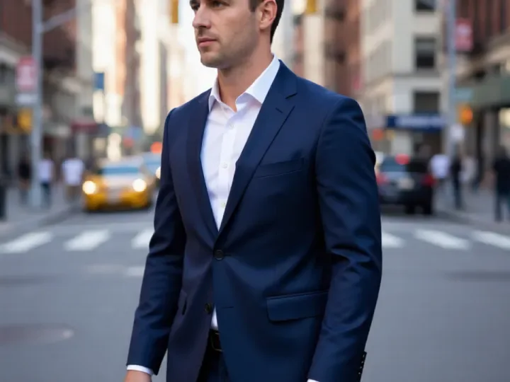 After: the same man on the same street wearing a navy blue suit and white shirt, changed by FastImg