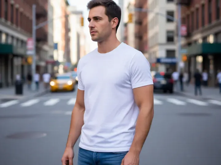 Before: man in a plain white t-shirt and jeans standing on a city street