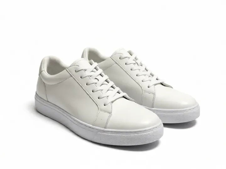 After: the same white sneakers on a clean white studio backdrop, edited by FastImg