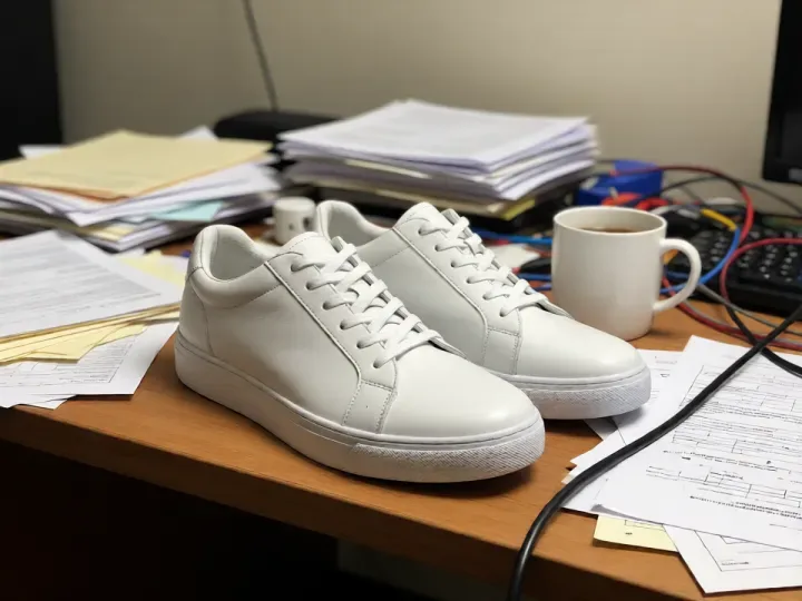 Before: white sneakers on a cluttered wooden desk with papers, a coffee cup, and cables