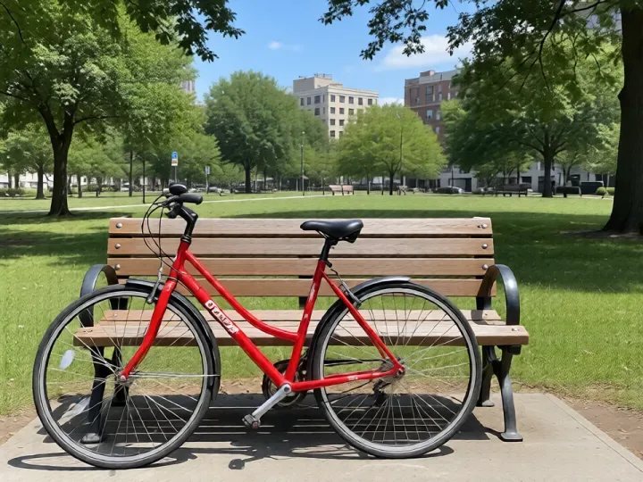 After: the same park bench and bicycle with the traffic cone removed by FastImg