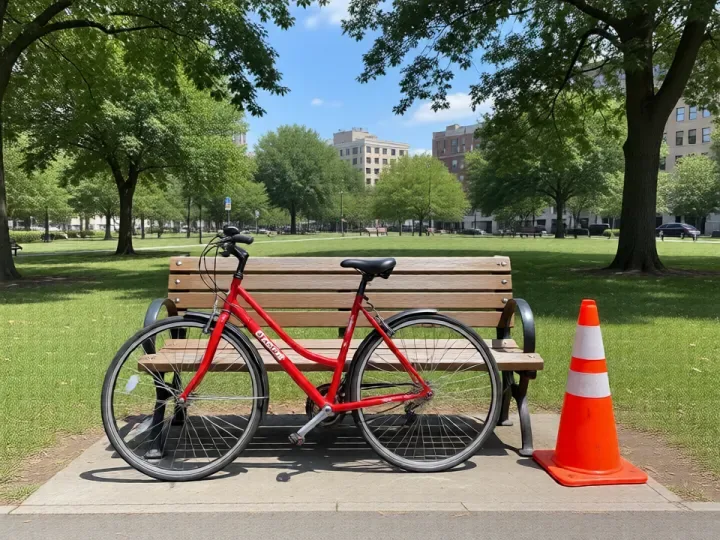 Before: park bench with a red bicycle and an orange traffic cone standing next to it