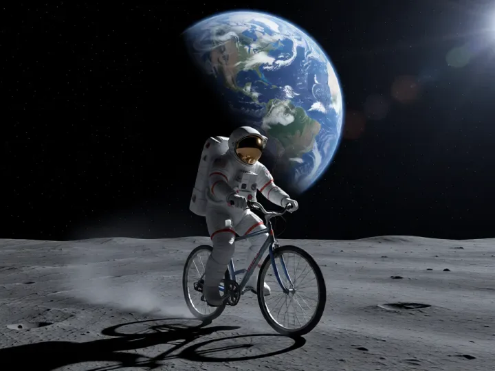 AI-generated astronaut riding a bicycle on the moon with Earth in the sky, made in FastImg from a text prompt