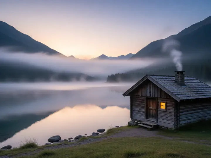 AI-generated wooden cabin beside a misty mountain lake at dawn, made in FastImg from a text prompt