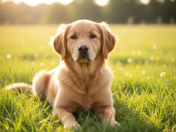 AI-generated golden retriever puppy lying in a sunlit meadow, made in FastImg from a text prompt