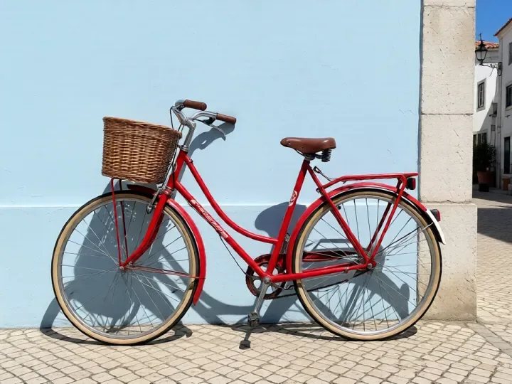 AI-generated red vintage bicycle against a pastel blue wall, made in FastImg from a text prompt